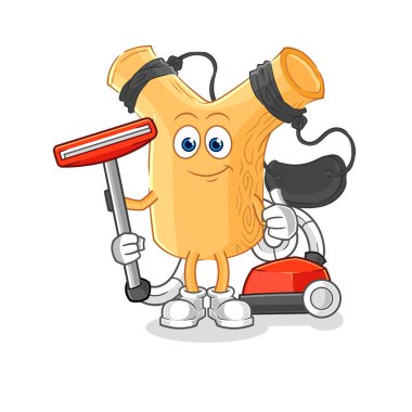 Sapanı elektrikli süpürgeyle temizledi. karakter vektosu