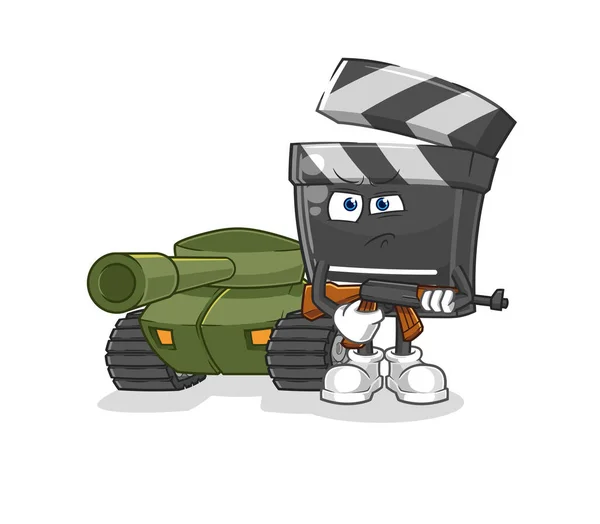 Clapboard Soldier Tank Character Cartoon Mascot Vecto — Stock Vector