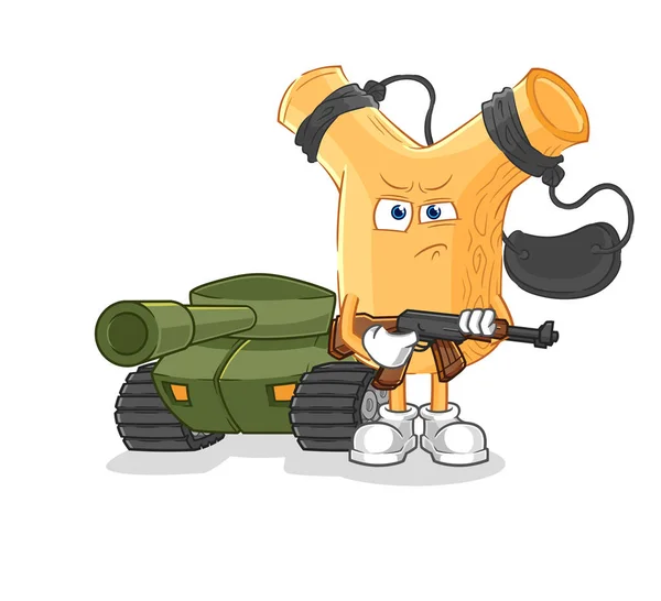 Slingshot Soldier Tank Character Cartoon Mascot Vecto — Stockový vektor