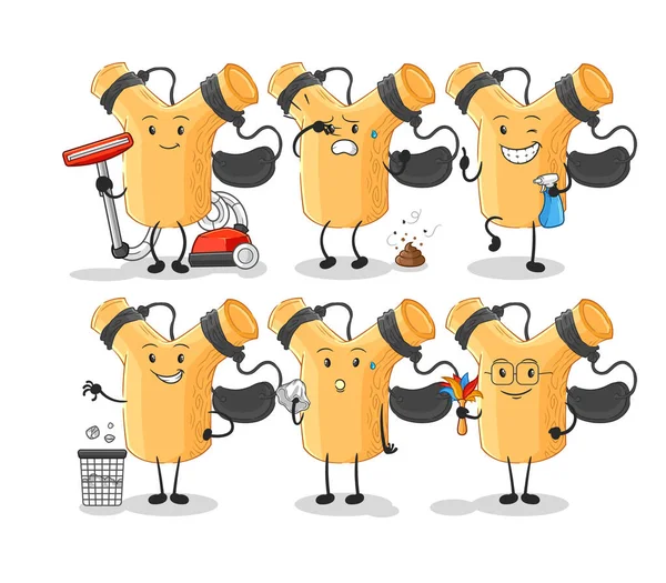 Slingshot Cleaning Group Character Cartoon Mascot Vecto — Stok Vektör