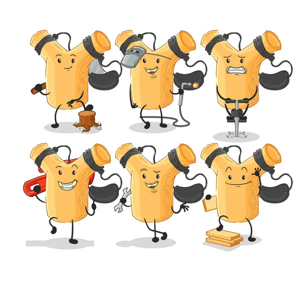 Slingshot Worker Set Character Cartoon Mascot Vecto — Stock Vector