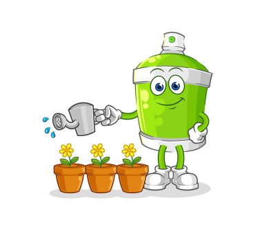the spray paint watering the flowers mascot. cartoon vecto