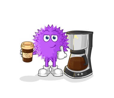 the spiky ball drinking coffee illustration. character vecto