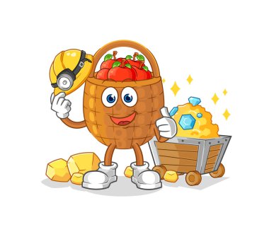 the apple basket miner with gold character. cartoon mascot vecto