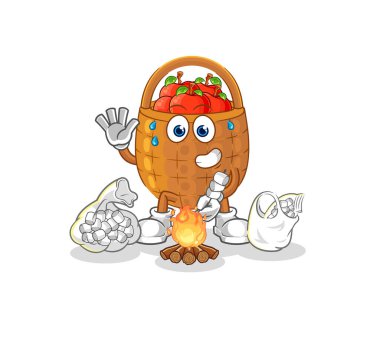 the apple basket roasting marshmallows. cartoon mascot vecto