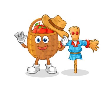 the apple basket with scarecrows cartoon character vecto