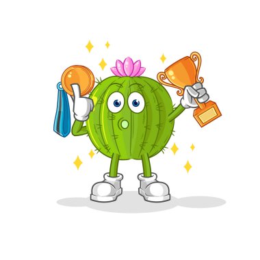 the cactus winner with trophie. cartoon characte