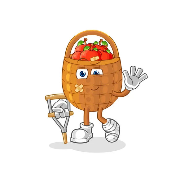 Apple Basket Sick Limping Stick Cartoon Mascot Vecto — Stock Vector