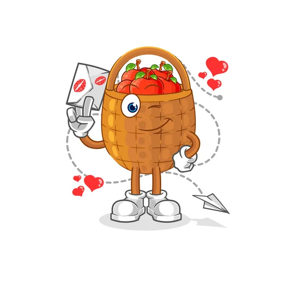 Apple Basket Hold Love Letter Illustration Character Vecto — Stock Vector