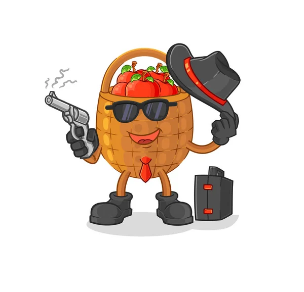 Apple Basket Mafia Gun Character Cartoon Mascot Vecto — Stock Vector