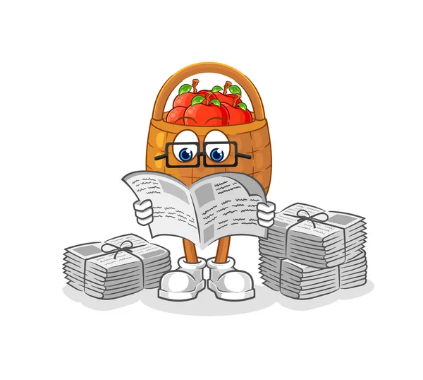Apple Basket Read Newspaper Cartoon Character Vecto — Stock Vector