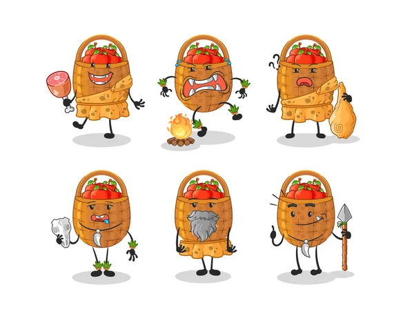 Apple Basket Primitive Man Group Character Mascot Vecto — Stock Vector