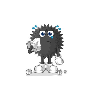 the sea urchin cry with a tissue. cartoon mascot vecto