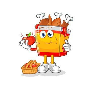 the fried chicken eating an apple illustration. character vecto