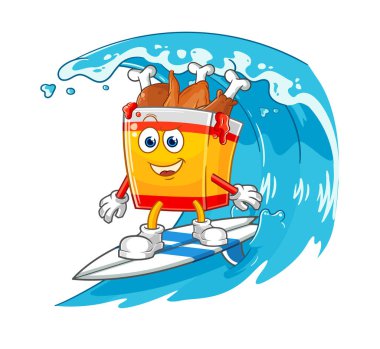the fried chicken surfing character. cartoon mascot vecto