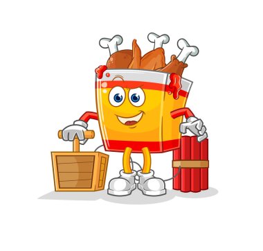 the fried chicken holding dynamite detonator. cartoon mascot vecto