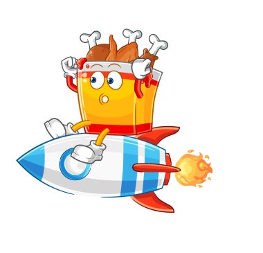 the fried chicken ride a rocket cartoon mascot vecto