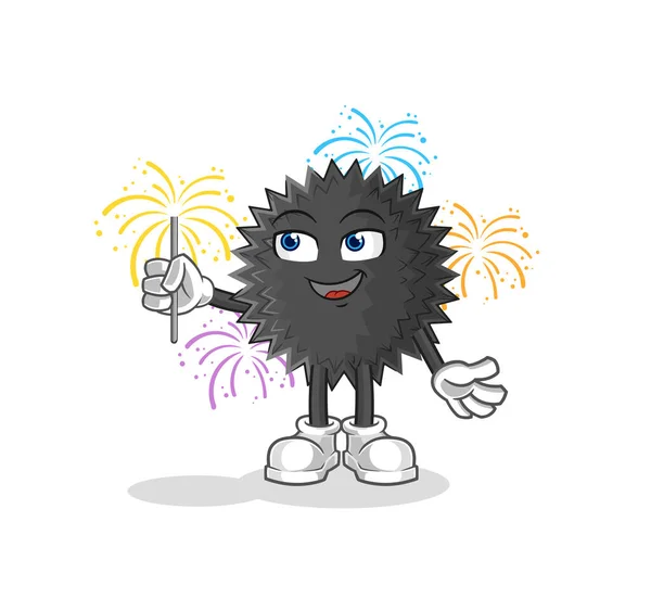 Sea Urchin Fireworks Mascot Cartoon Vecto — Vetor de Stock
