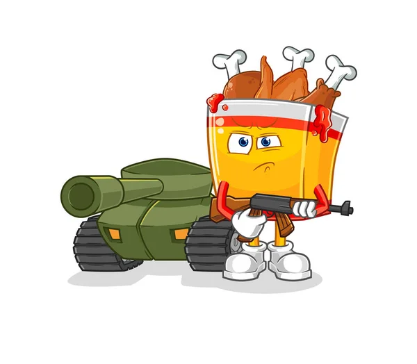 Fried Chicken Soldier Tank Character Cartoon Mascot Vecto — Stockový vektor