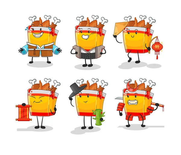 Fried Chicken Asian Culture Set Cartoon Mascot Vecto — Stock vektor