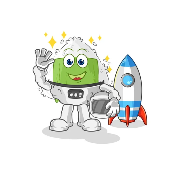 Onigiri Astronaut Waving Character Cartoon Mascot Vecto — Stock Vector