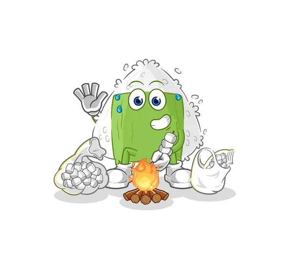 Onigiri Roasting Marshmallows Cartoon Mascot Vecto — Stockový vektor
