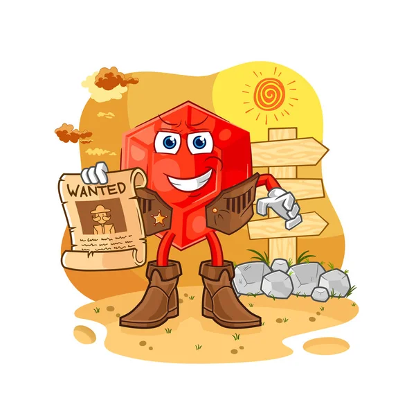 Ruby Cowboy Wanted Paper Cartoon Mascot Vecto — Vector de stock