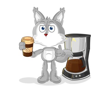 the wolf drinking coffee illustration. character vecto