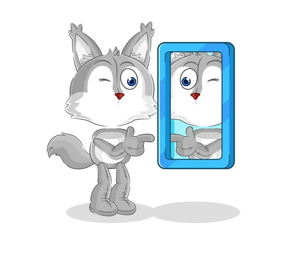 Wolf Looking Mirror Cartoon Cartoon Mascot Vecto — Stockvector