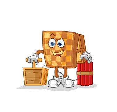 the wood chess holding dynamite detonator. cartoon mascot vecto