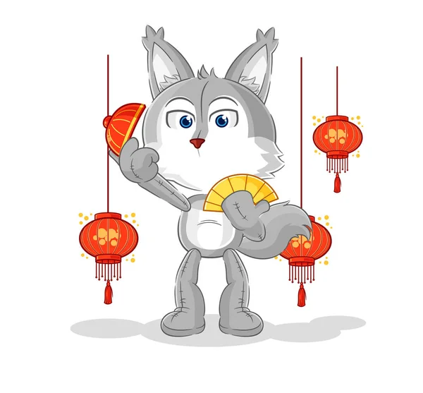 Wolf Chinese Lanterns Illustration Character Vecto — Vettoriale Stock