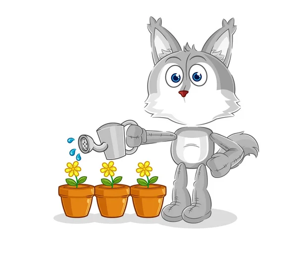 Wolf Watering Flowers Mascot Cartoon Vecto — Stock Vector