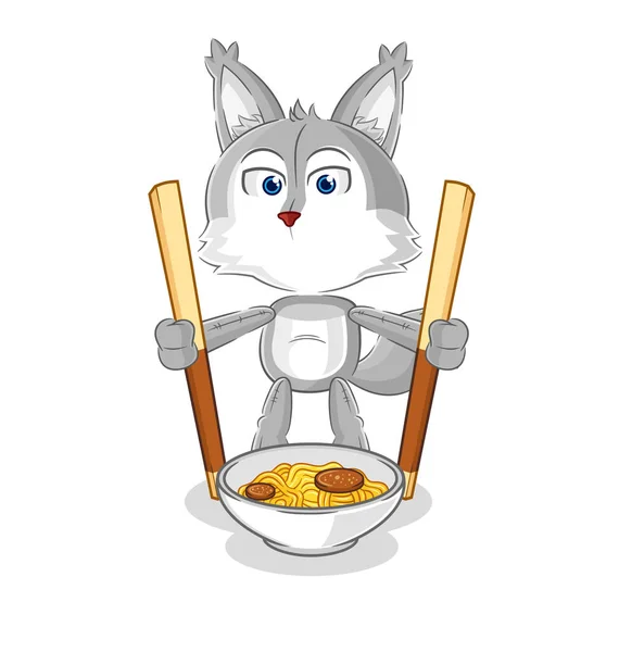 Wolf Eat Noodle Cartoon Character Mascot Vecto — Stock vektor