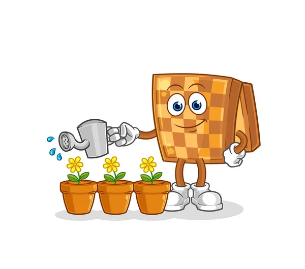 Wood Chess Watering Flowers Mascot Cartoon Vecto — Stockvector
