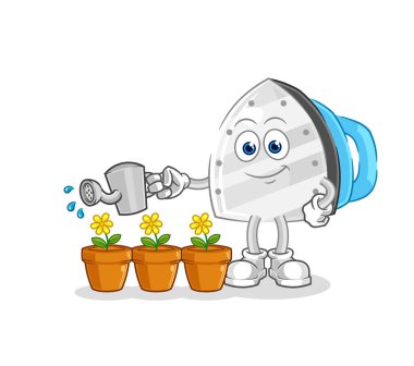 the iron watering the flowers mascot. cartoon vecto