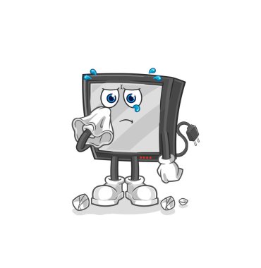 the tv cry with a tissue. cartoon mascot vecto