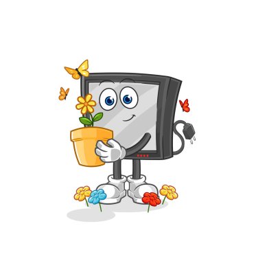 the tv with a flower pot. character vecto