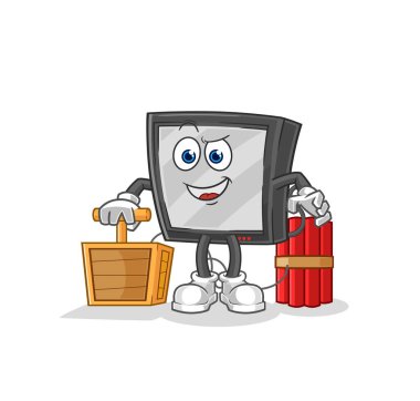 the tv holding dynamite detonator. cartoon mascot vecto
