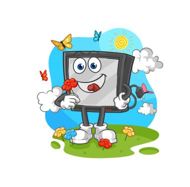 the tv pick flowers in spring. character vecto