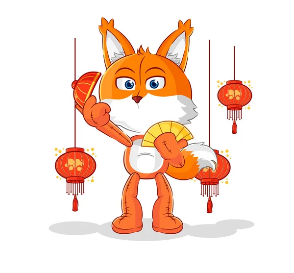 Fox Chinese Lanterns Illustration Character Vecto — Vettoriale Stock
