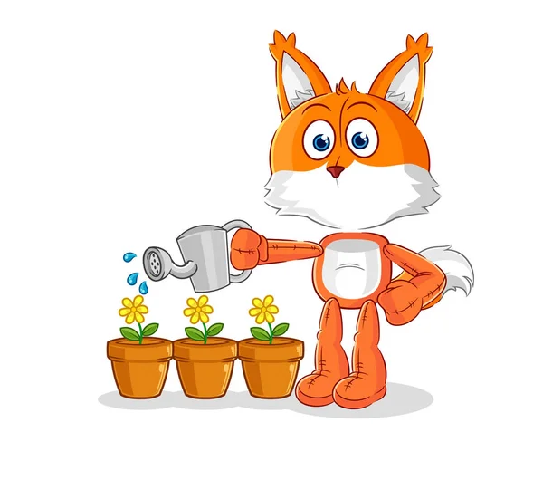 Fox Watering Flowers Mascot Cartoon Vecto — Stock Vector