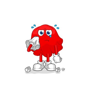 the red cloth cry with a tissue. cartoon mascot vecto