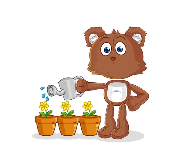 Bear Watering Flowers Mascot Cartoon Vecto — Stock Vector