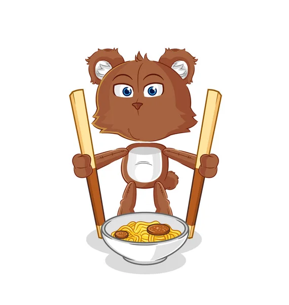 Bear Eat Noodle Cartoon Character Mascot Vecto — Stock vektor
