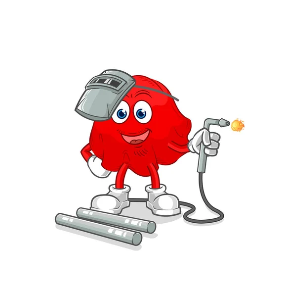 Red Cloth Welder Mascot Cartoon Vecto — Stok Vektör