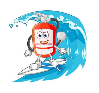 the extinguisher surfing character. cartoon mascot vecto
