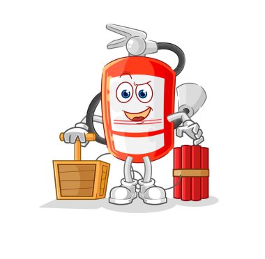 the extinguisher holding dynamite detonator. cartoon mascot vecto