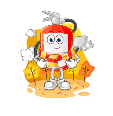the extinguisher in the autumn. cartoon mascot vecto