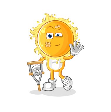 the sun sick with limping stick. cartoon mascot vecto