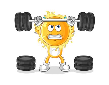 the sun lifting the barbell character. cartoon mascot vecto